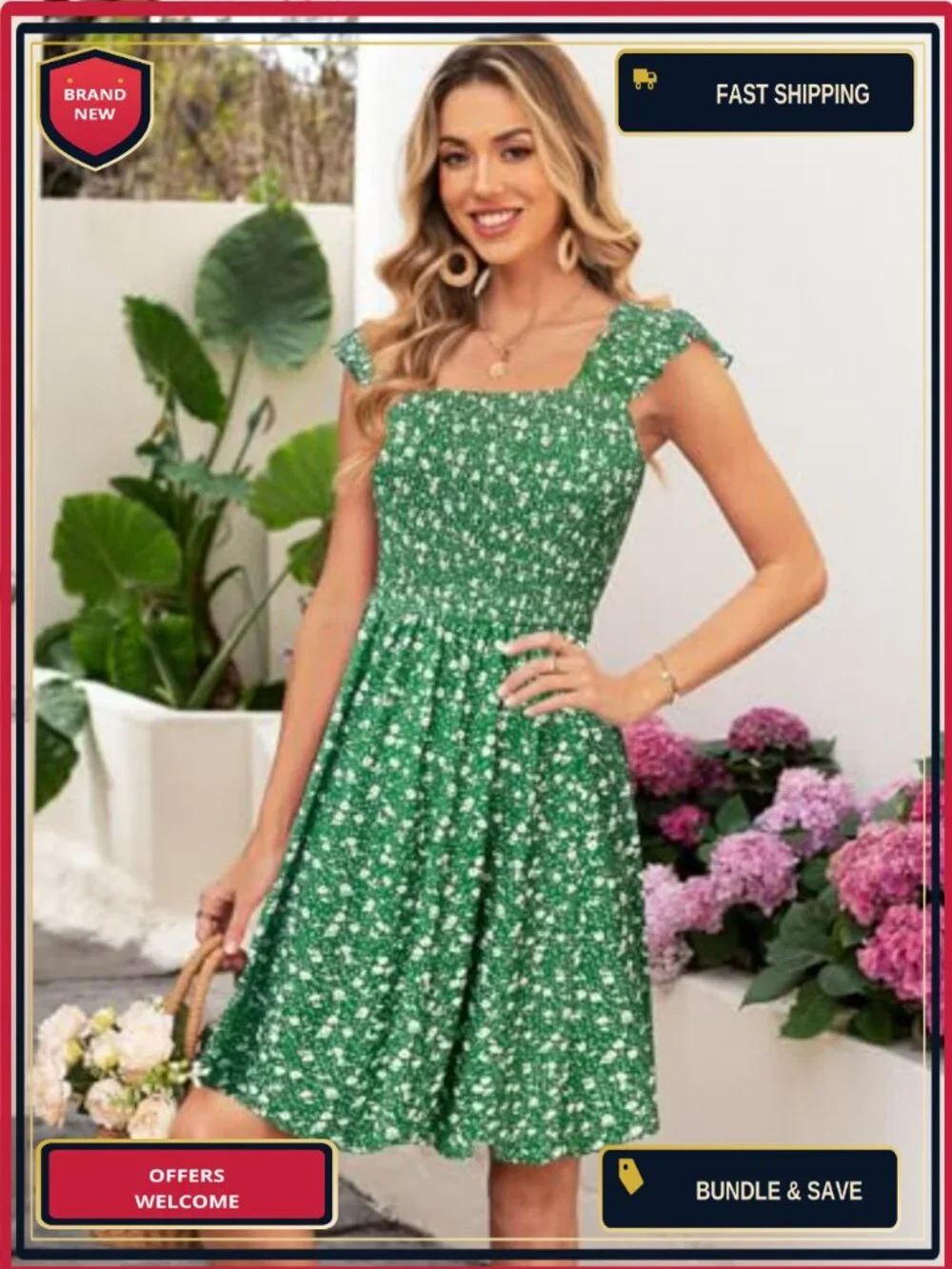 Sleeveless Square Neck Smocked Floral Sundress A-Line Boho Beach Dress